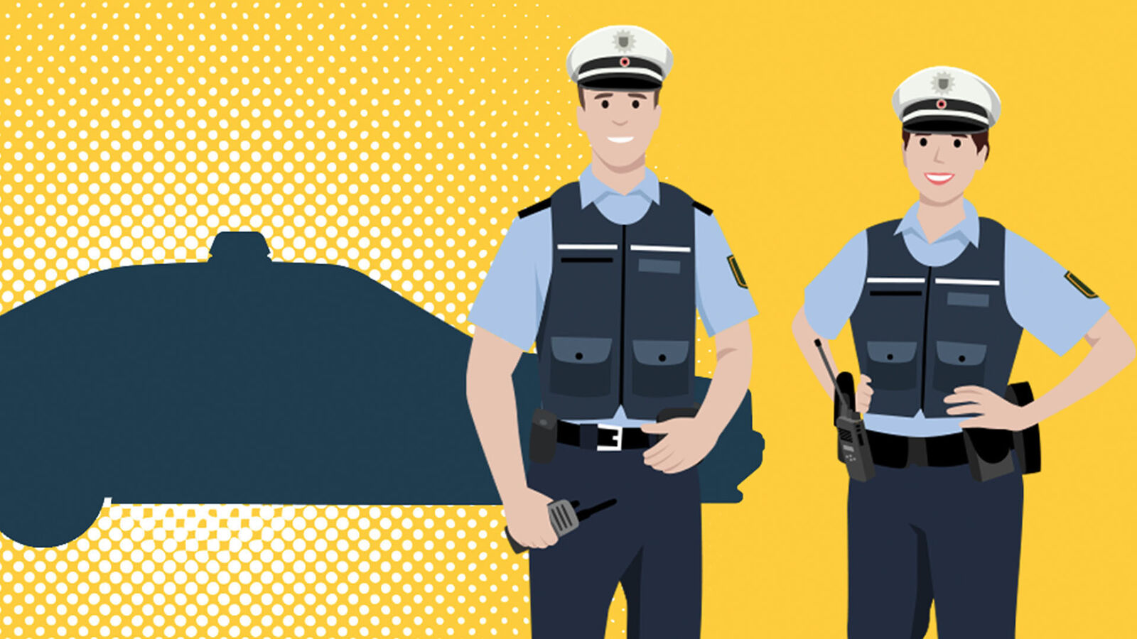 Polizei Zwei Polizeileute vor einem Polizeiwagen (Illu)
