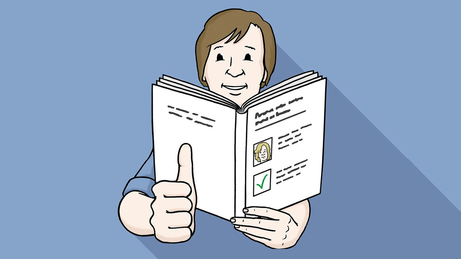 Eine Zeichnung zur leichten Sprache: ein Mann liest ein Buch, das in leichter Sprache verfasst ist und zeigt mit einer Hand "Daumen hoch".