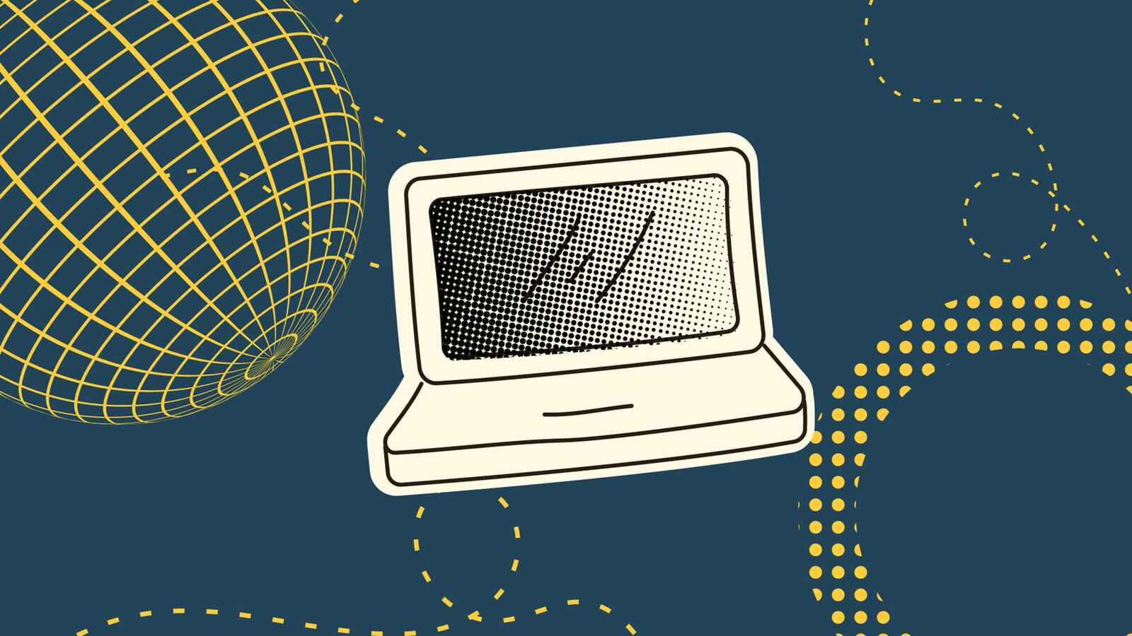 Rehadat-Portal In der Illustration ist in der Bildmitte ein Laptop zu sehen, das an einer Weltkugel vorbeifliegt.