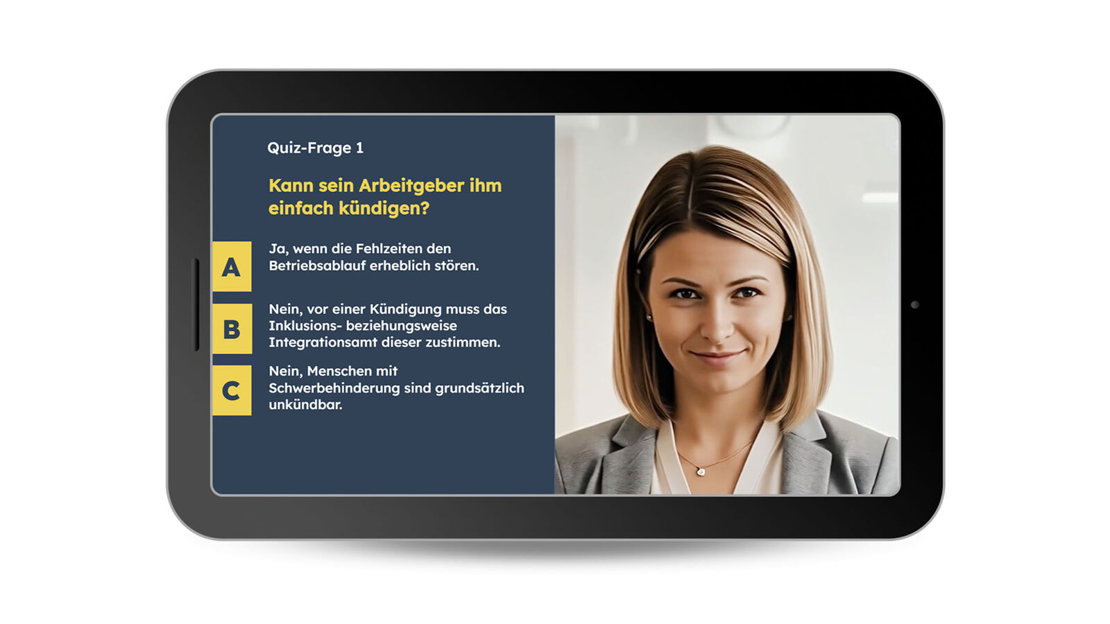 Screenshot des Avatar-Quiz: Es ist die Avatarin und ein Textblock mit Frage und drei Antwortmöglichkeiten zu sehen.