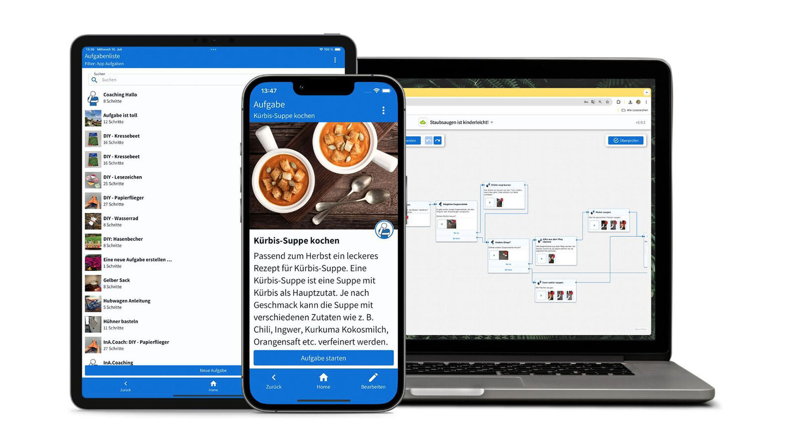 Mockup eines Tables, Laptops und Smartphones mit der InA.Coach-App