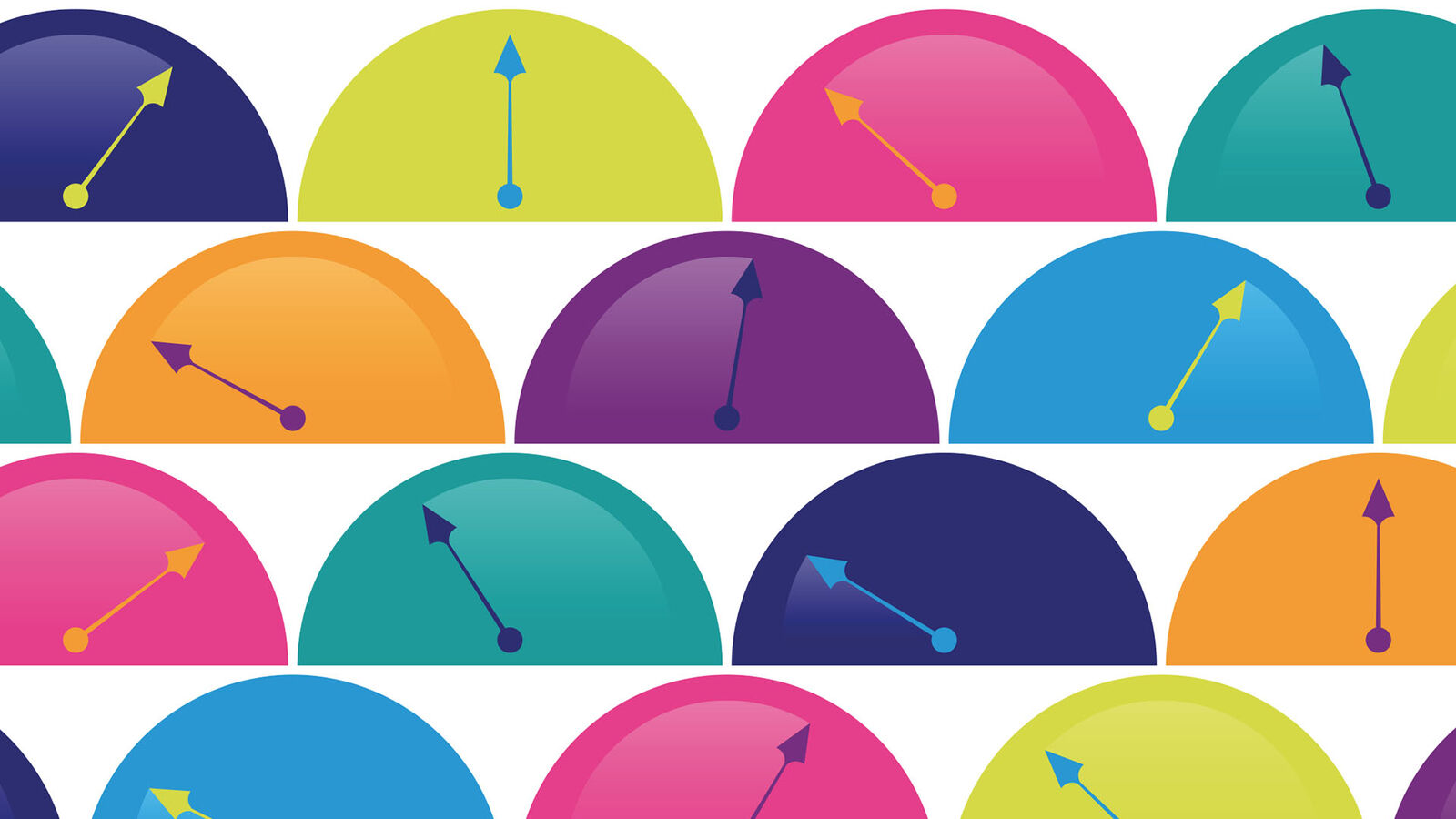 Die Illustration zeigt viele bunte Barometer, deren Zeiger an verschiedenen Positionen stehen.