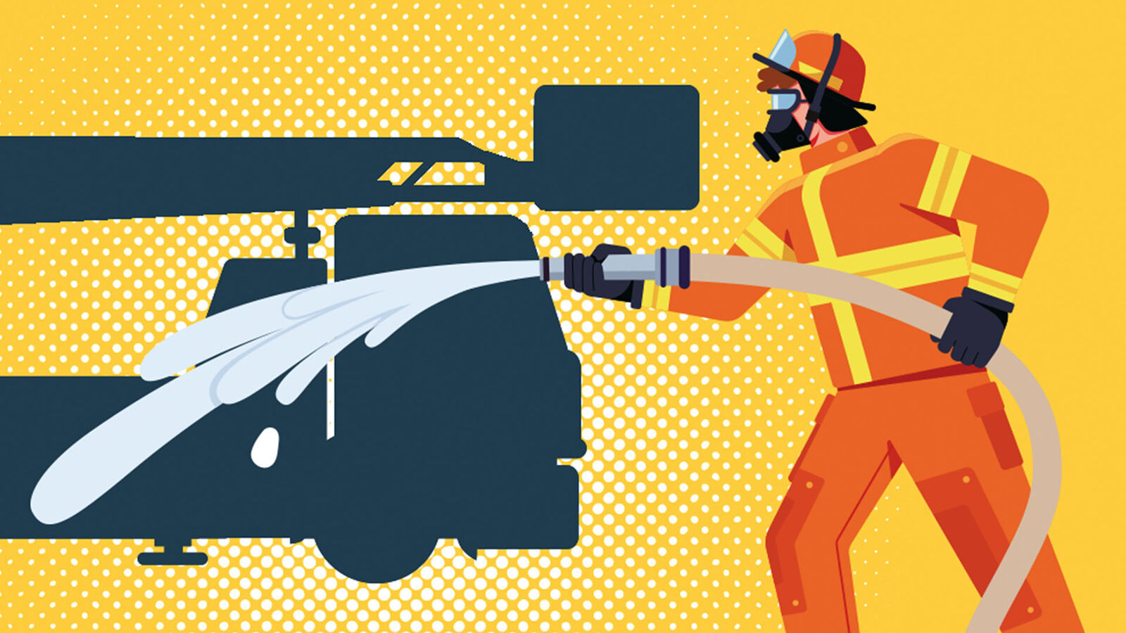 Feuerwehr Illustration eines Feuerwehrmannes, der einen Brand löscht; im Hintergrund sieht man ein Feuerwehrfahrzeug.
