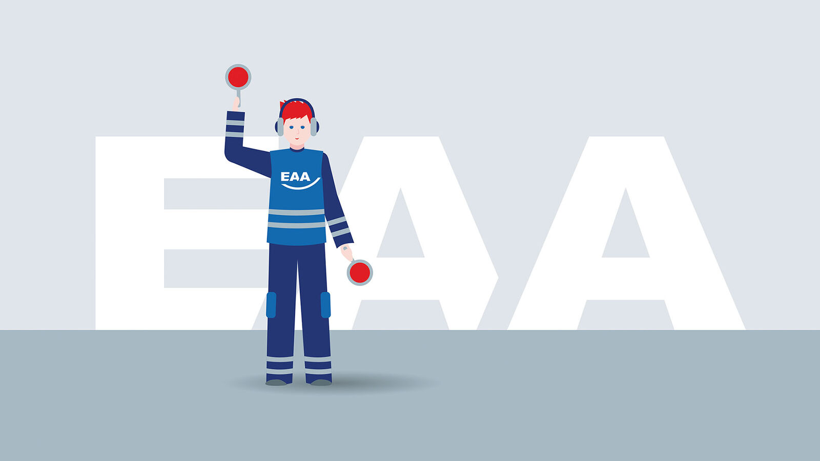 Illustration: Vor dem Schriftzug EAA steht ein Fluglotse. 