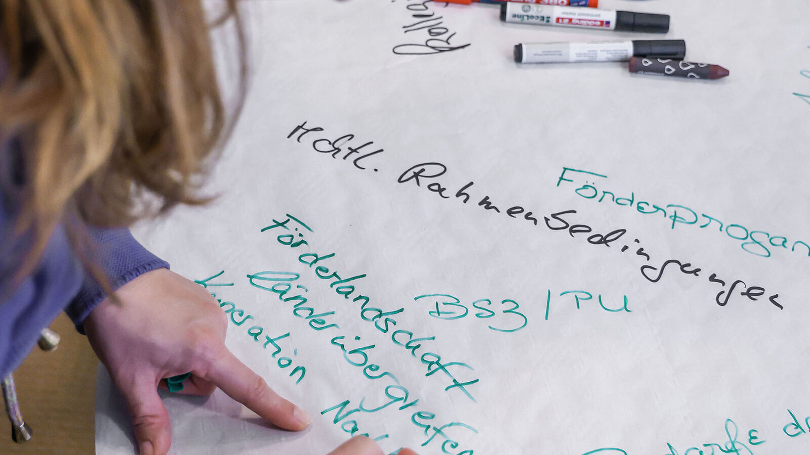 EAA-Netzwerktreffen Workshop Eine Frau beugt sich über ein großes Blatt Papier, auf dem sie mit bunten Filzschreibern schreibt.