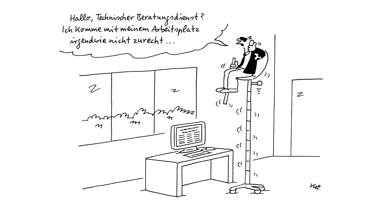Ein Mann mit Blindenstock und -armbinde sitzt im Büro auf einem Drehstuhl. Der Sitz ist bis zur Decke hochgefahren. Der Mann telefoniert und sagt: "Hallo Technischer Beratungsdienst, ich komme mit meinem Arbeitsplatz nicht zurecht.“