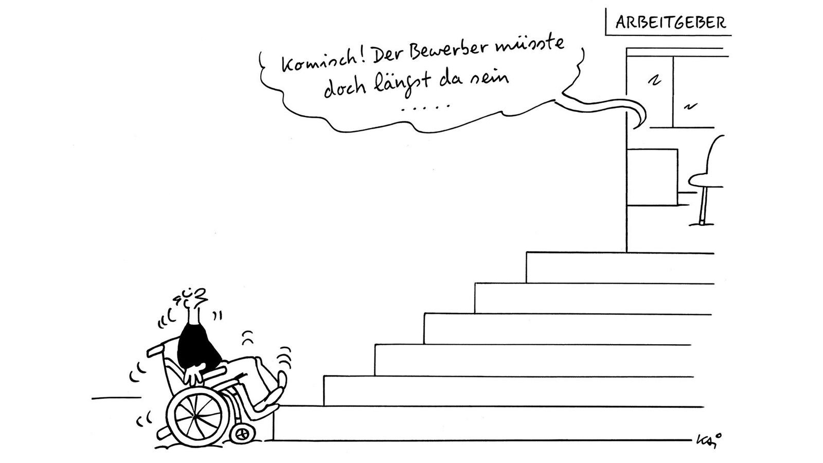Rollstuhlfahrer steht vor Treppe, im ersten Stock steht eine Tür offen, hinter der der Arbeitgeber auf den Bewerber wartet und sich wundert, wo dieser bleibt.
