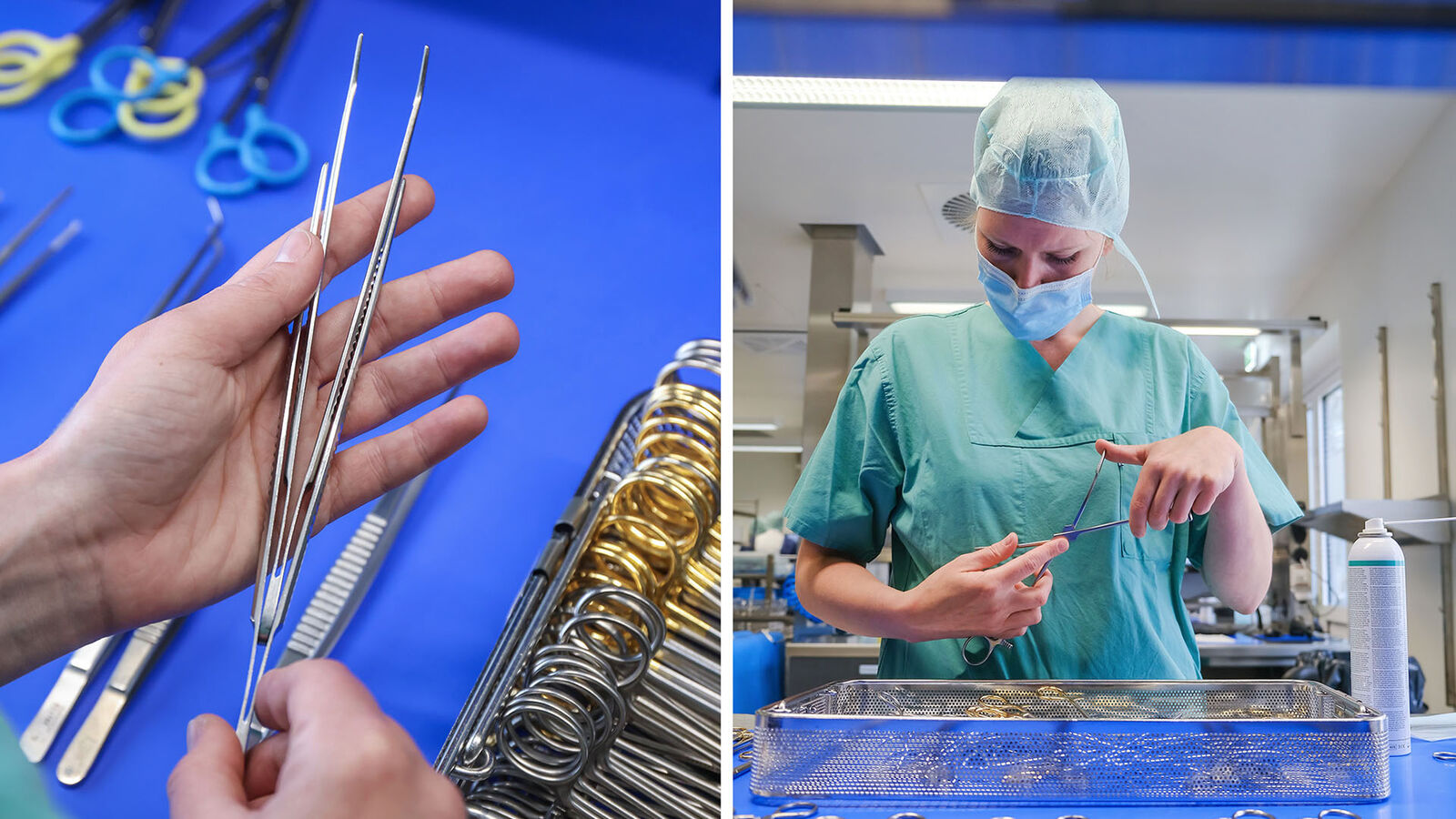 Details Eine Hand hält eine große Pinzette, daneben packt eine Frau mit Mundschutz und Haarnetz ein Instrumenten-Kit.