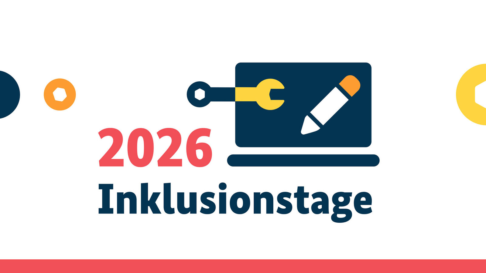 Illustration mit Schriftzug 2026 Inklusionstage sowie einem Laptop, in dessen Bildschirm ein Schraubenschlüssel und ein Stift ragen.
