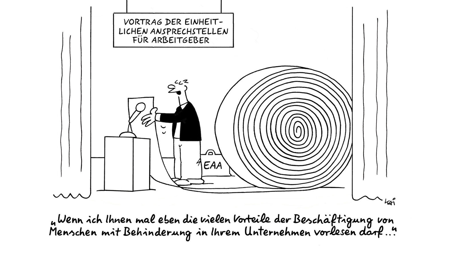 Die Cartoon-Zeichnung zeigt einen Redner, der so ein langes Manuskript hat, dass es sich hinter ihm zu einer riesigen Rolle aufrollt. Er trägt die Vorteile von Inklusion für Arbeitgeber vor.