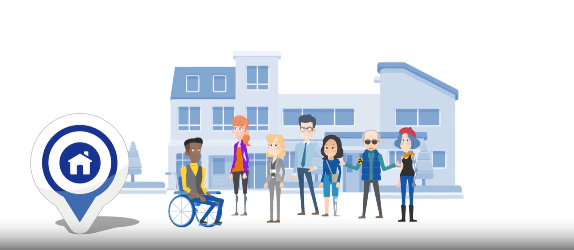 Illustration: Mehrere Menschen mit verschiedenen Beeinträchtigungen stehen vor einem Bürogebäude. Eine Person sitzt im Rollstuhl, zwei andere haben Arm- beziehungsweise Beinprothesen. Einer trägt eine Blindenbinde.