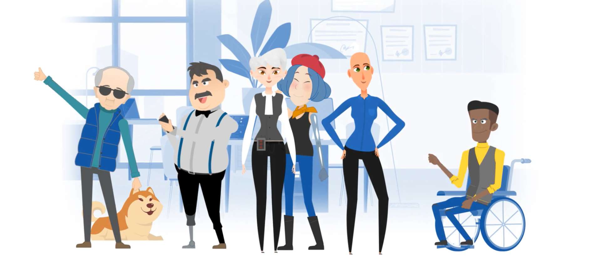 Die Illustration zeigt eine Gruppe Beschäftigter mit verschiedenen sichtbaren Behinderungen, darunter Seh- und Gehbehinderungen, beziehungsweise Erkrankungen wie Krebs.