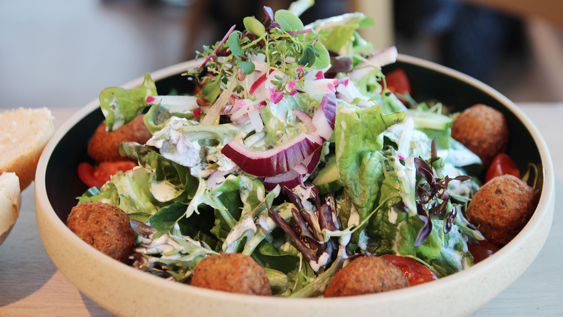 Schön dekorierter tiefer Teller mit frischem Blattsalat und Falafel.