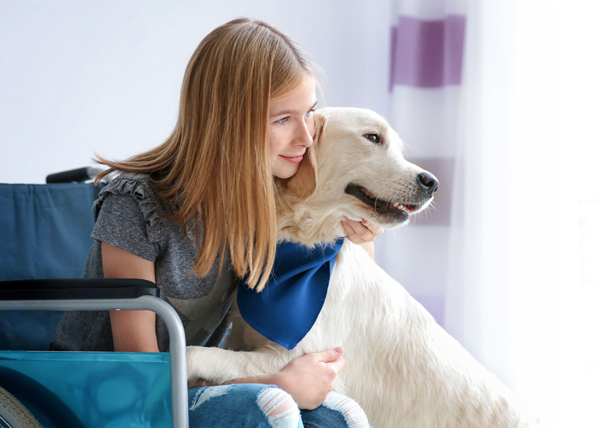 Eine junge Frau im Rollstuhl hält einen großen Hund im Arm