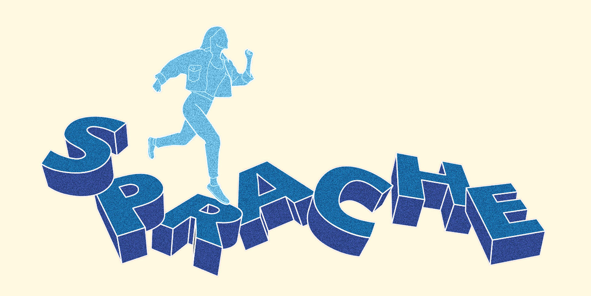 Leichte Sprache Eine Illustration in der eine Person über Buchstaben hüpft, die auf dem Boden verteilt sind und das Wort "Sprache" bilden. Die Buchstaben sind blau, der Hintergrund ist rot, die Person etwas dunkler rot abgesetzt.