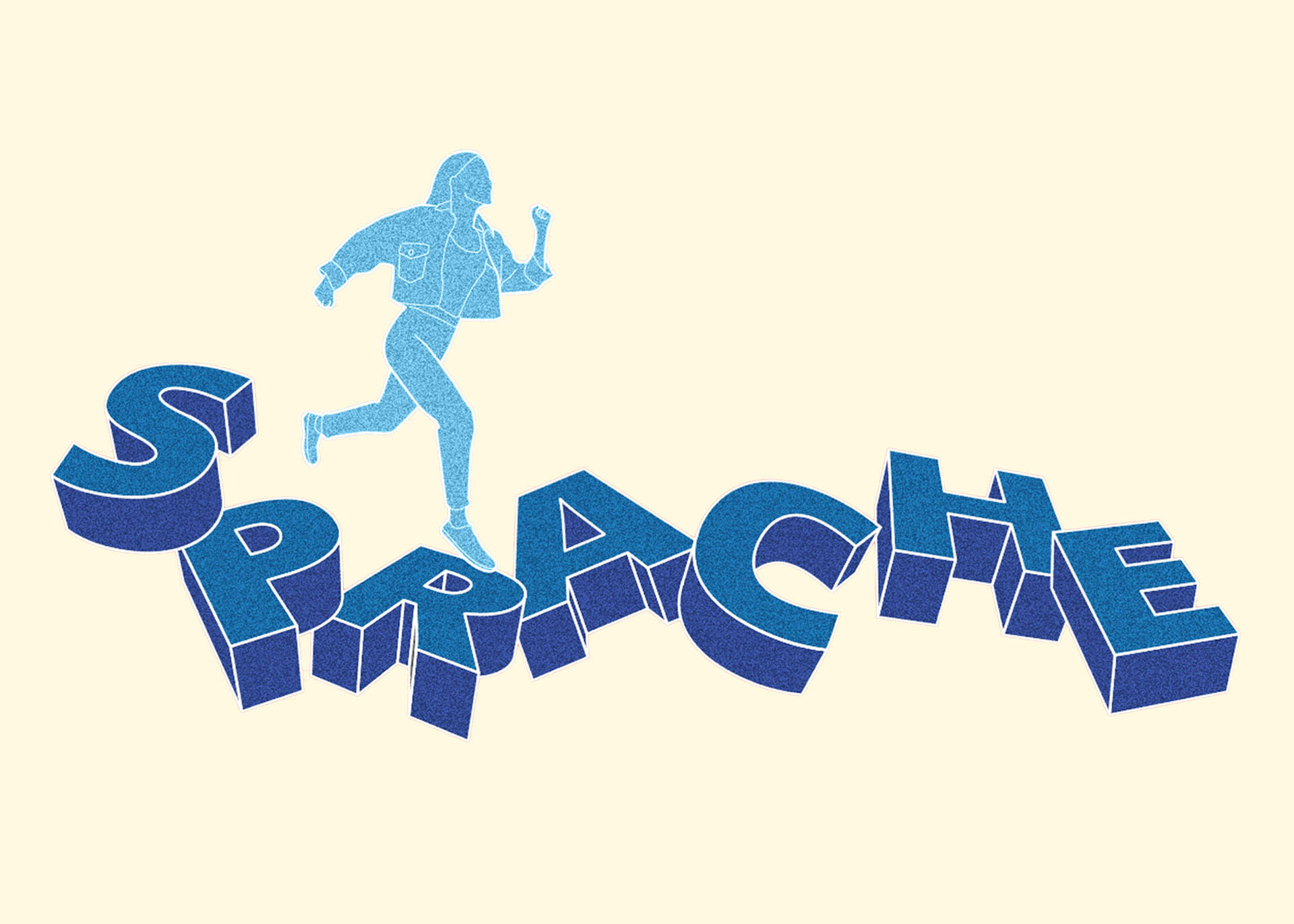 Eine Illustration in der eine Person über Buchstaben hüpft, die auf dem Boden verteilt sind und das Wort "Sprache" bilden. Die Buchstaben sind blau, der Hintergrund ist rot, die Person etwas dunkler rot abgesetzt.