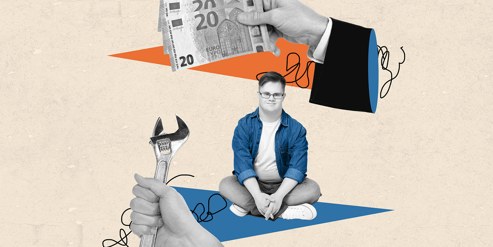 Entgelt Collage: Eine Hand hält drei Geldscheine. Darunter ist ein sitzender Mann zu sehen.