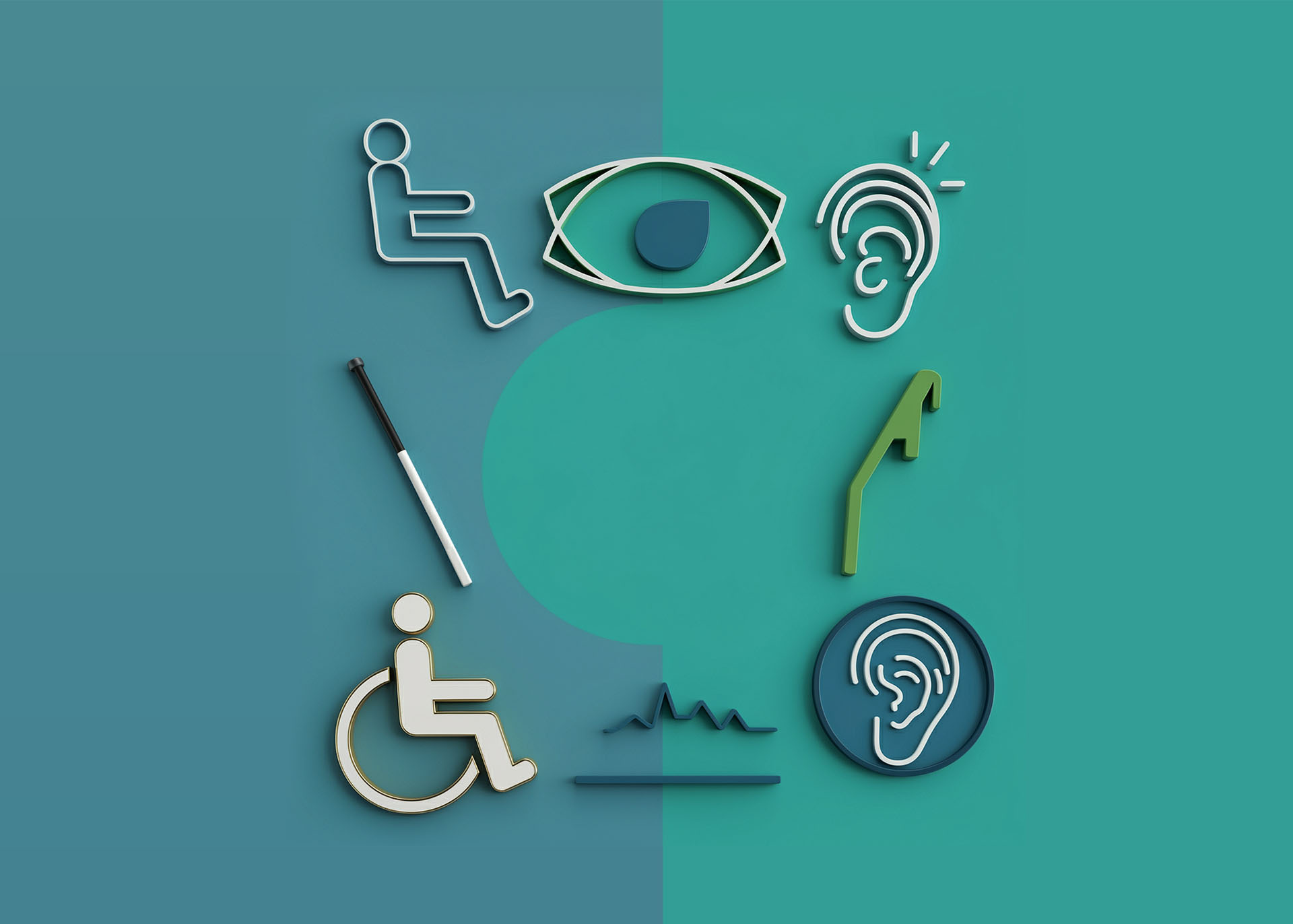 Das Bild zeigt den Schriftzug „IBAG“ in der Mitte, vor einem zweigeteilten Hintergrund in Blau- und Grüntönen. Rund um das Logo sind Symbole für Barrierefreiheit angeordnet. Die Symbole sind in einem minimalistischen 3D-Stil gehalten.