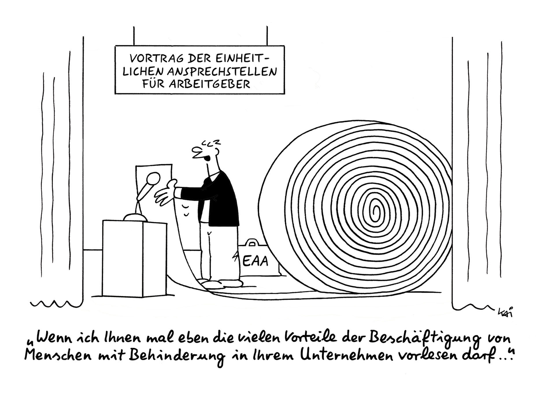 Die Cartoon-Zeichnung zeigt einen Redner, der so langes Manuskript hat, dass es sich hinter ihm zu einer riesigen Rolle aufrollt. Er trägt die Vorteile von Inklusion für Arbeitgeber vor.