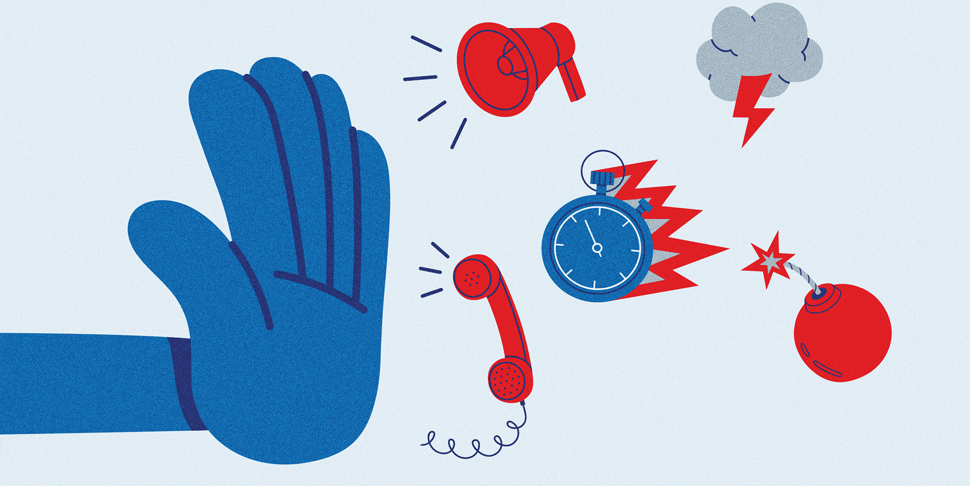 autark Eine Illustration zeigt eine Hand, die gegen verschiedene Symbole der Ablenkung erhoben ist.