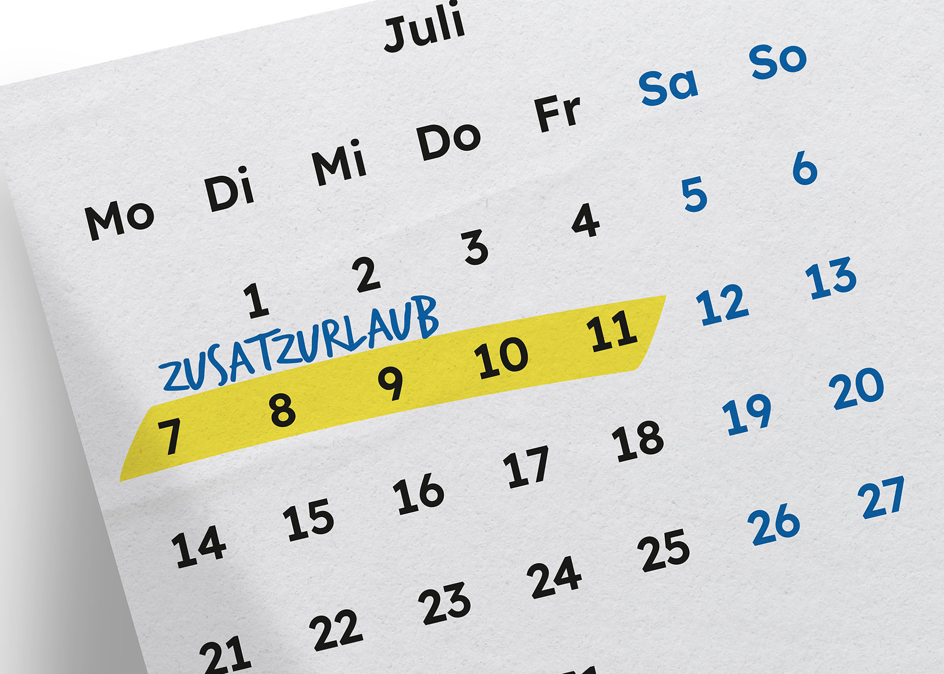 Ein Kalenderblatt mit einer Monatsübersicht. Fünf Tage sind gelb markiert und mit "Zusatzurlaub" überschrieben.