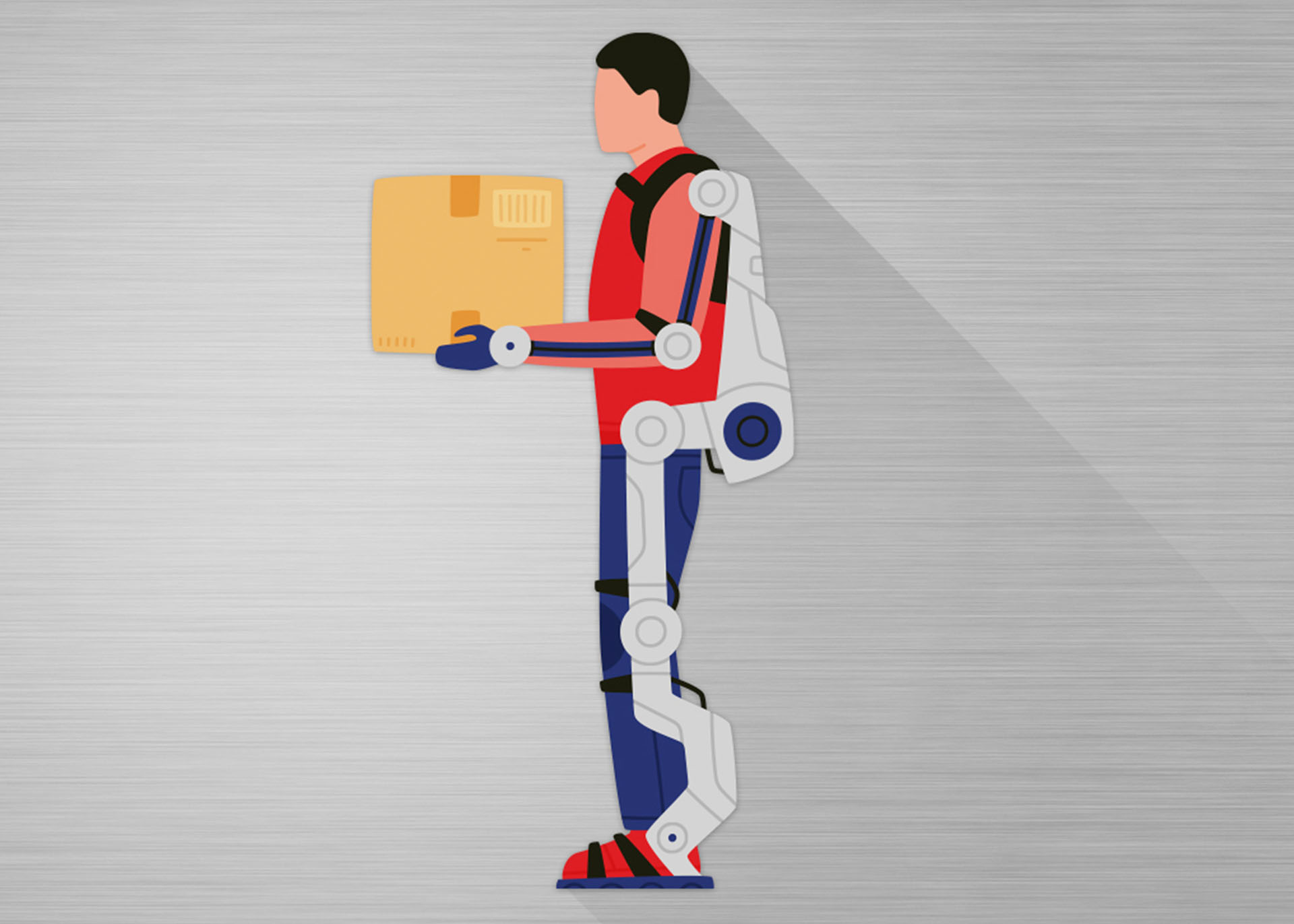 Illu einer Person mit Exoskelett, die ein Paket trägt 