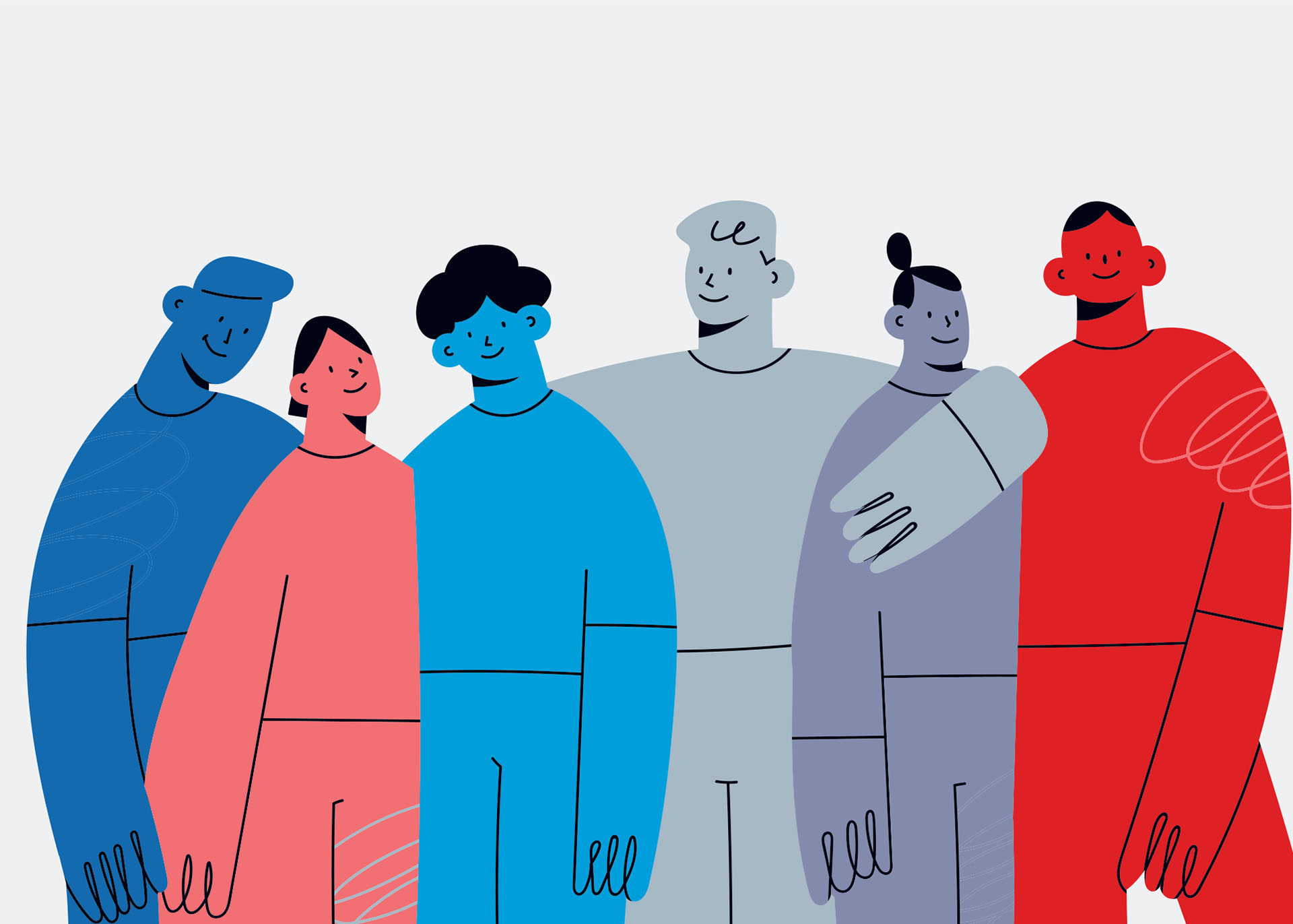 Illustration von 6 zufriedenen Mitarbeitenden