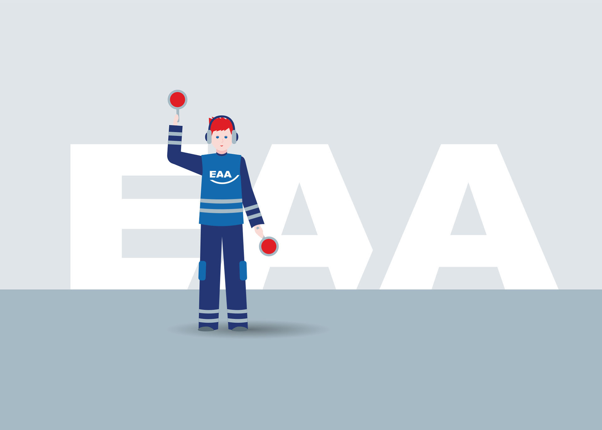 Eine Illustration: Vor dem Schriftzug EAA steht ein Fluglotse, der in jeder Hand eine Kelle hält.