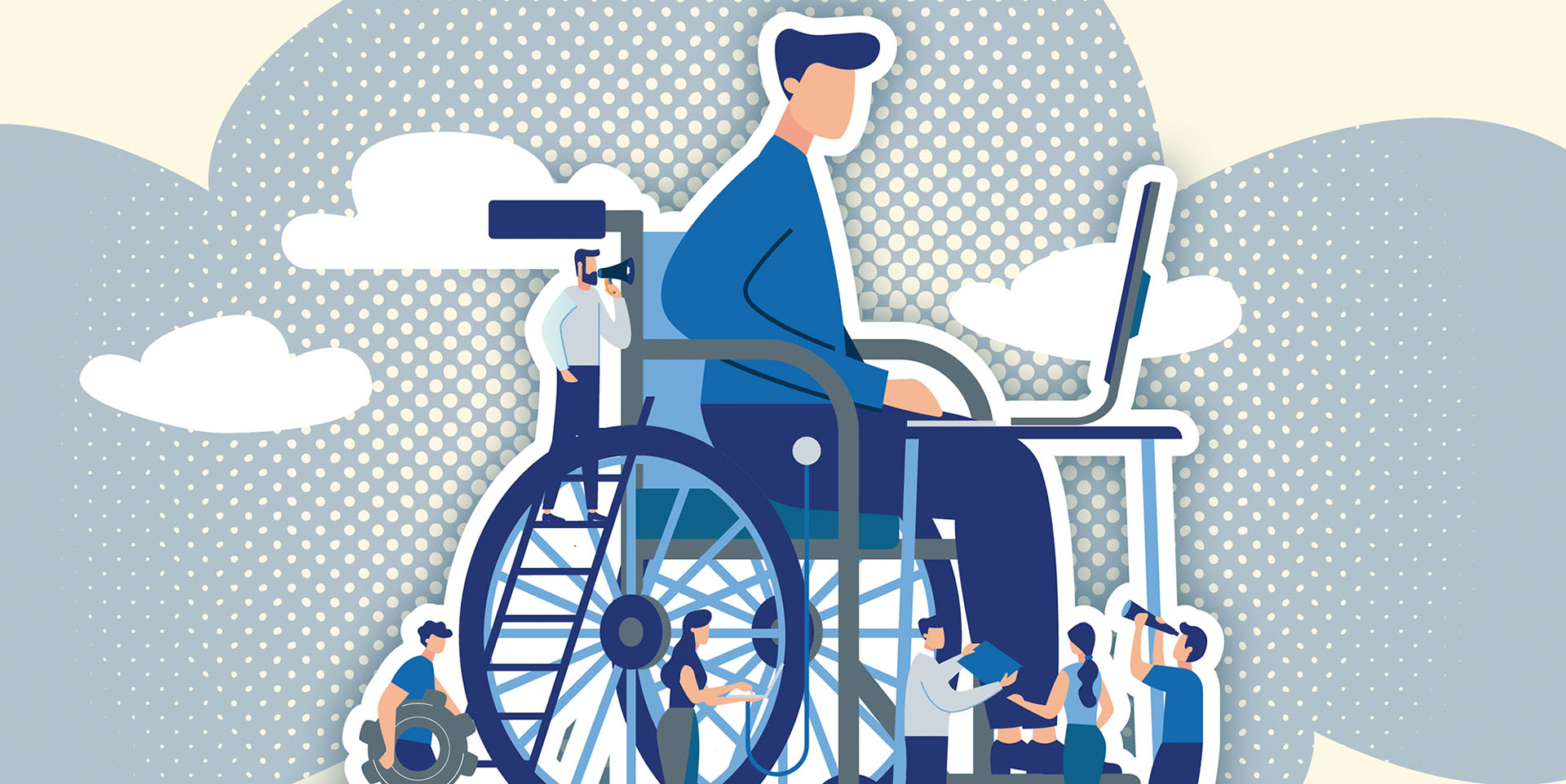 Arbeitsplatzausstattung Illu einer Person im Rollstuhl an einem Schreibtisch, kleinere Personen arbeiten an der Barrierefreiheit des Schreibtischs