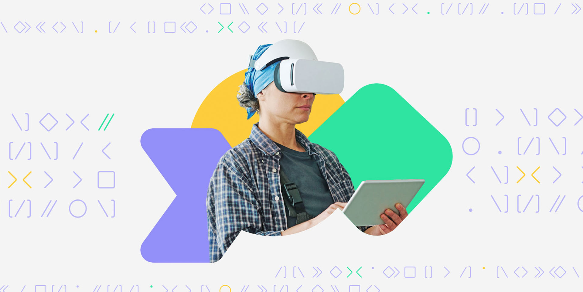 Logo des KI-Inklusionskompass, in dessen Mitte eine Frau mit VR-Brille und Tablet in der Hand zu sehen ist.