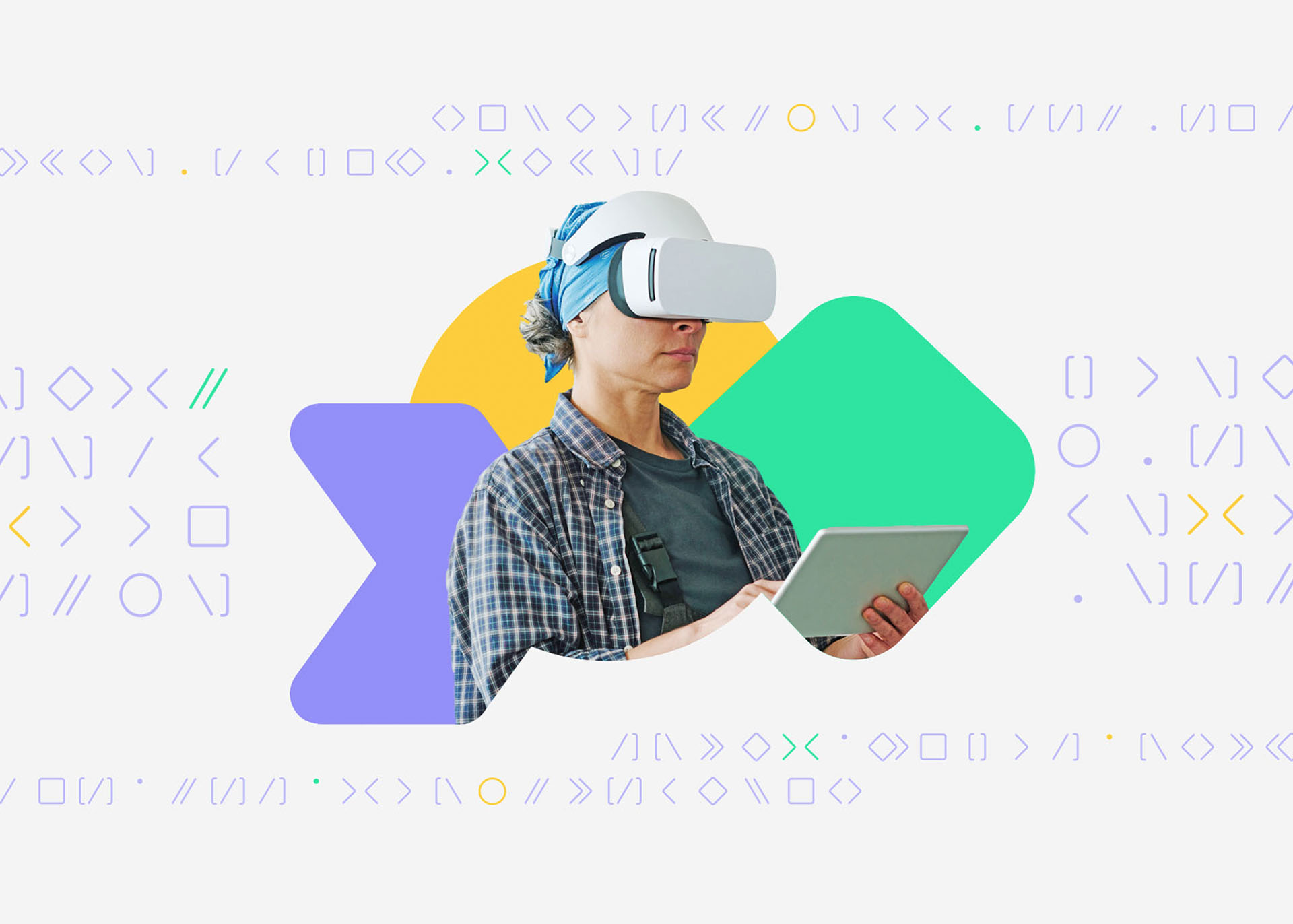 Logo des KI-Inklusionskompass, in dessen Mitte eine Frau mit einer VR-Brille und einem Tablet in der Hand zu sehen ist. 