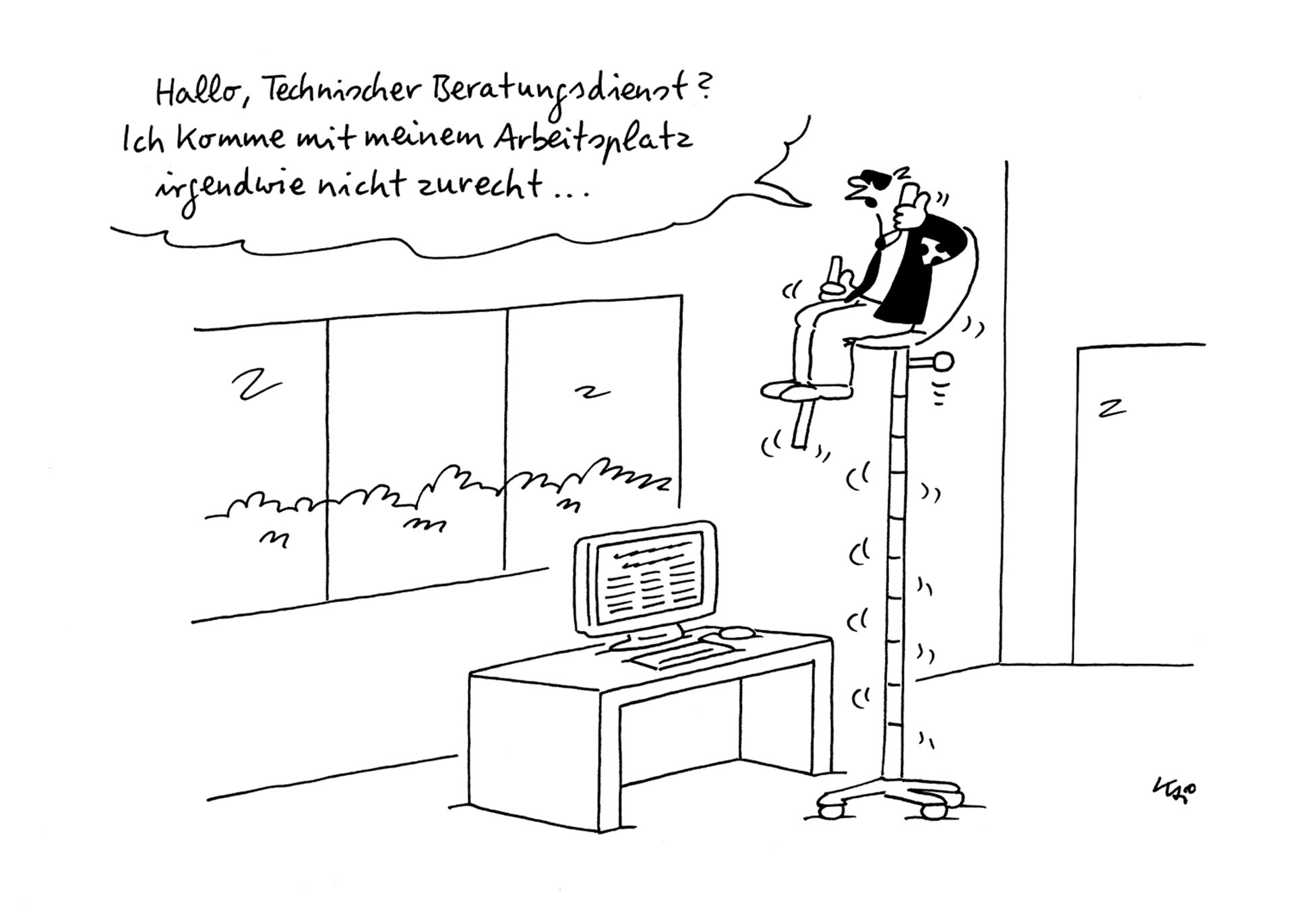 Ein Mann mit Blindenstock und -armbinde sitzt im Büro auf einem Drehstuhl. Der Sitz ist bis zur Decke hochgefahren. Der Mann telefoniert und sagt: "Hallo Technischer Beratungsdienst, ich komme mit meinem Arbeitsplatz nicht zurecht.“