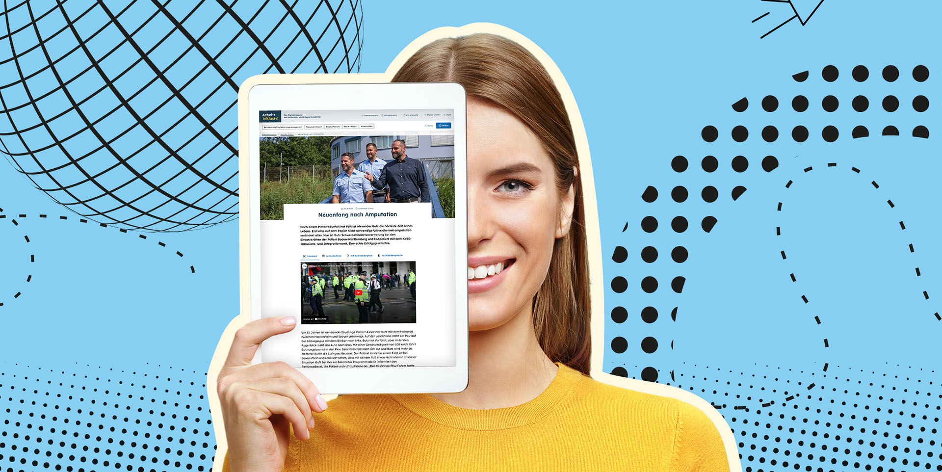 Eine Frau hält ein Tablet halb vor ihr Gesicht, auf dem ein Artikel des Digitalmagazins zu sehen ist.