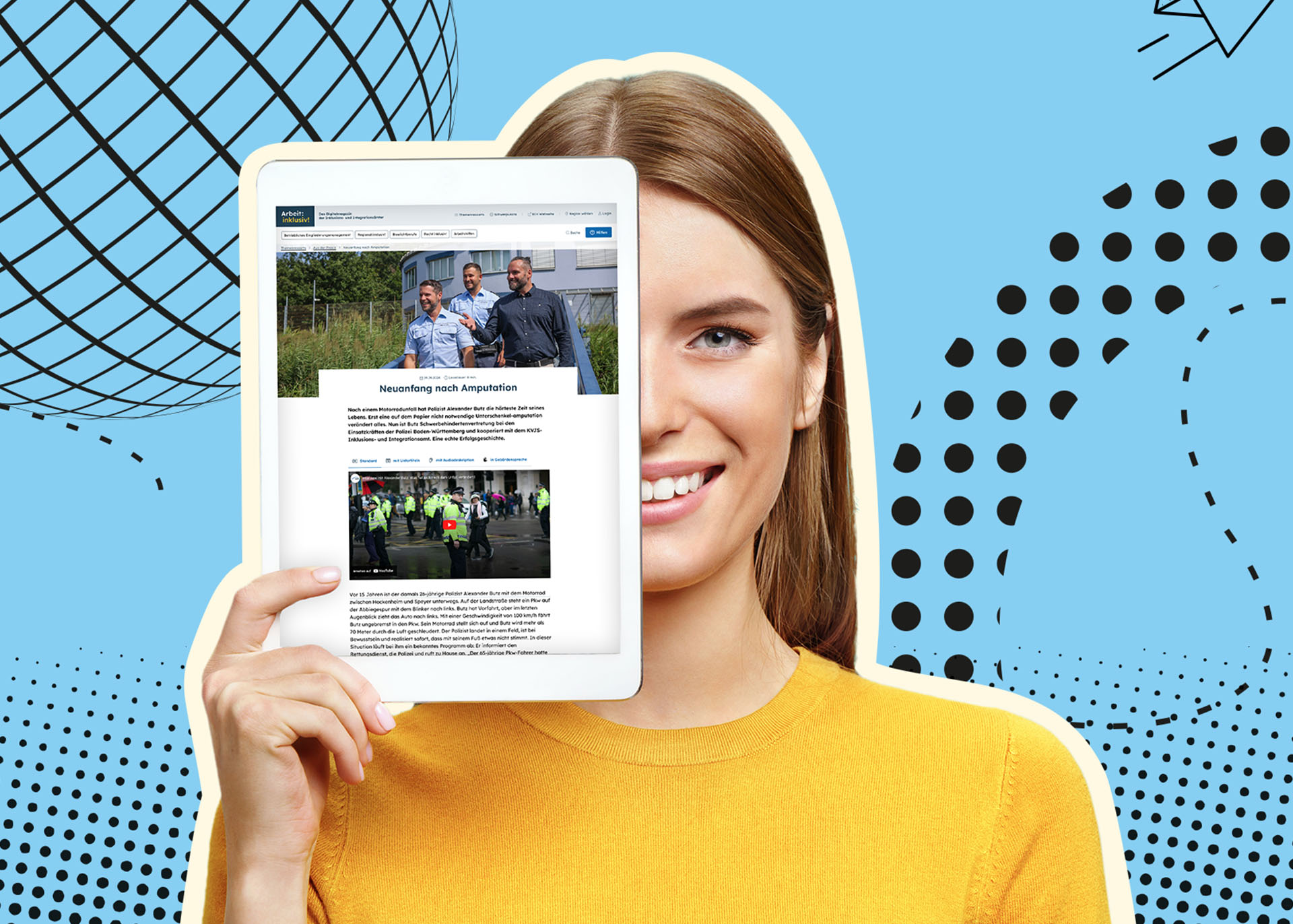 Eine Frau hält ein Tablet halb vor ihr Gesicht, auf dem ein Artikel des Digitalmagazins zu sehen ist.