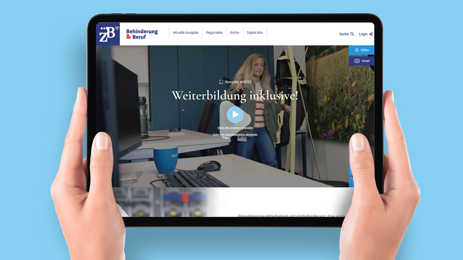 In einem Tablet ist die Startseite einer Ausgabe des ZB Digitalmagazins zu sehen.