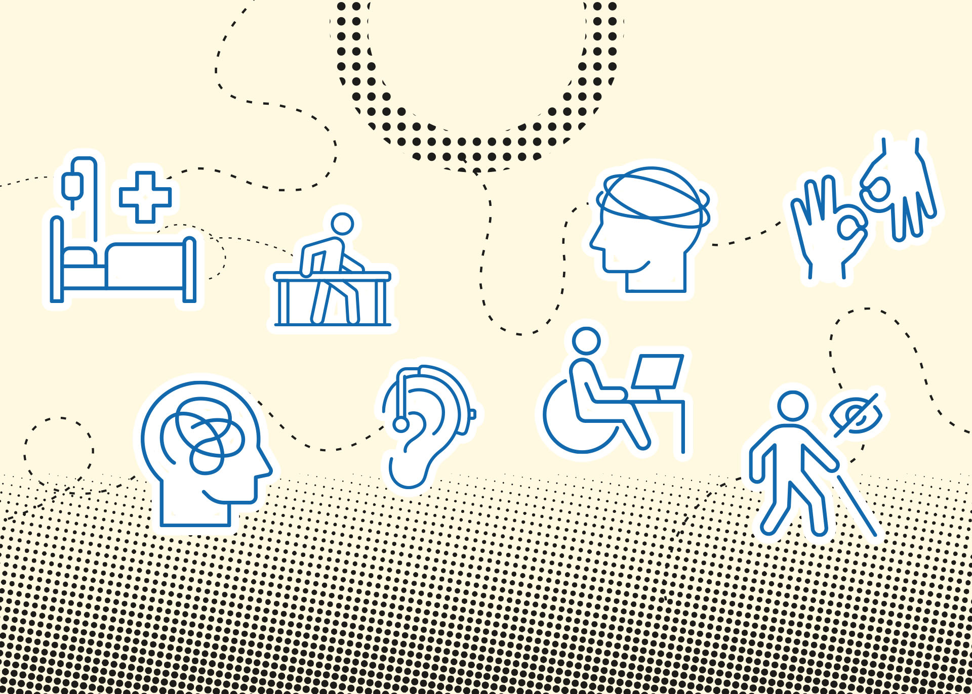 Die Illustration zeigt Symbole für verschiedene Behinderungsarten: Chronische Krankheiten, Gehbehinderung, Hör- und Sprachbehinderung, geistige Beeinträchtigung und Blindheit.
