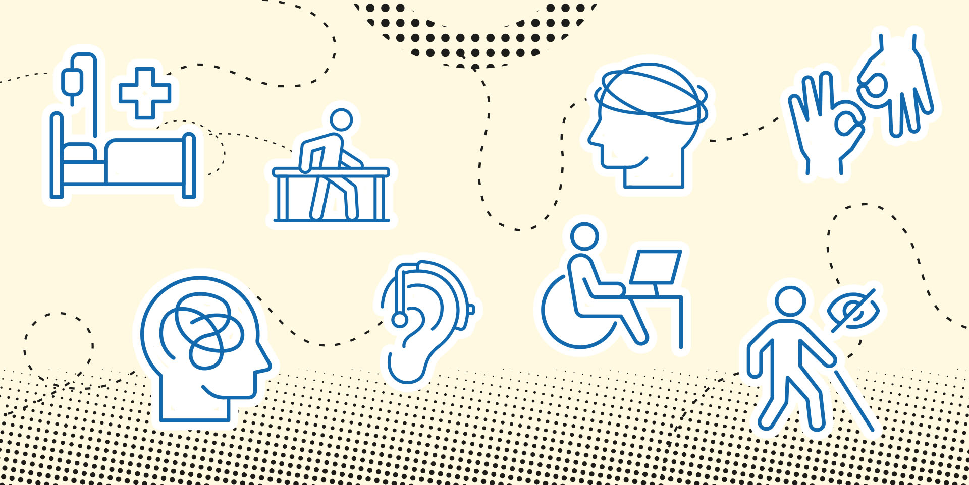 Die Illustration zeigt Symbole für verschiedene Behinderungsarten: Chronische Krankheiten, Gehbehinderung, Hör- und Sprachbehinderung, geistige Beeinträchtigung und Blindheit.