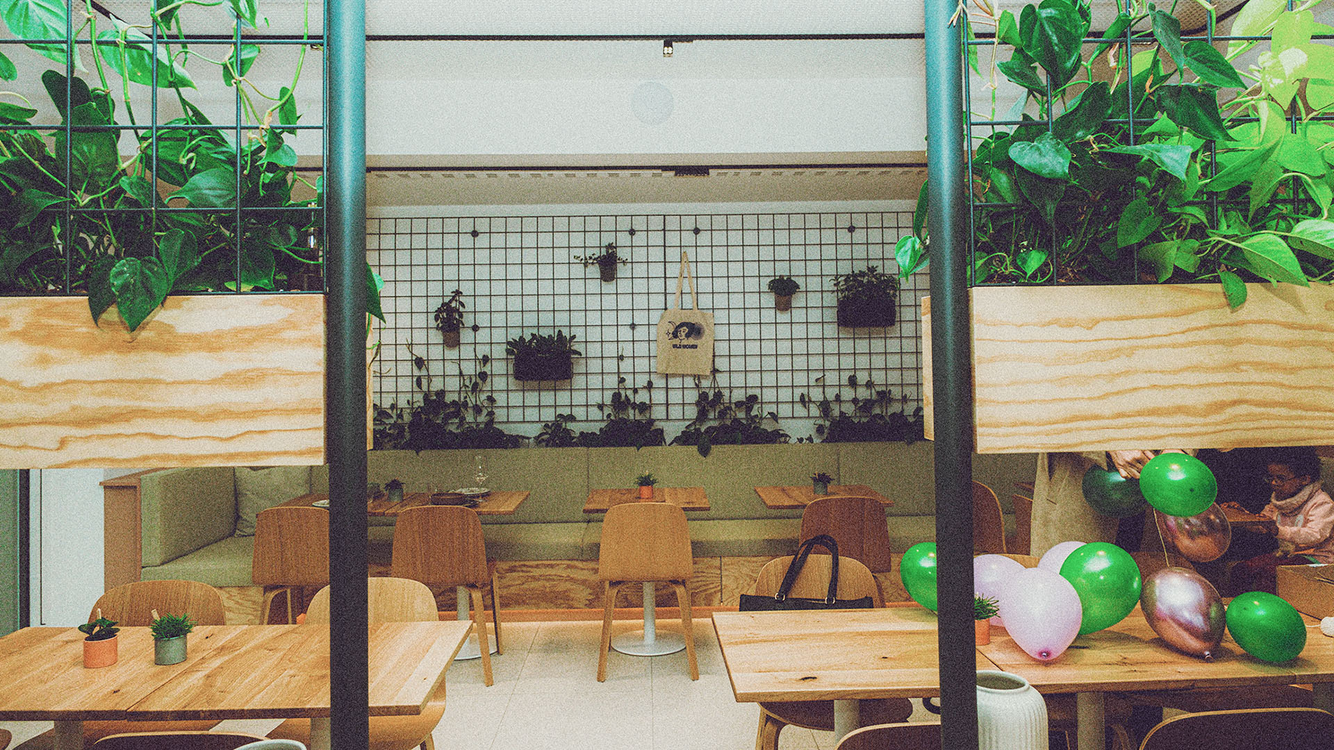 Das Foto zeigt den Innenraum des Cafés mit hellen Holzmöbeln und vielen Grünpflanzen.