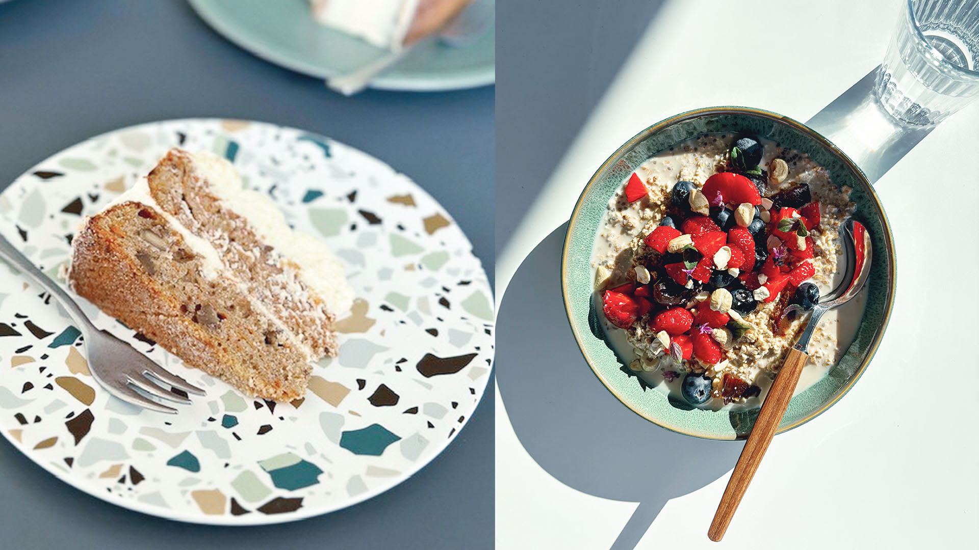 In einem aus zwei Teilen bestehenden Foto sind links ein bunter Teller mit einem Stück Kuchen und rechts eine hellgrüne Schale mit einem Früchtemüsli zu sehen.