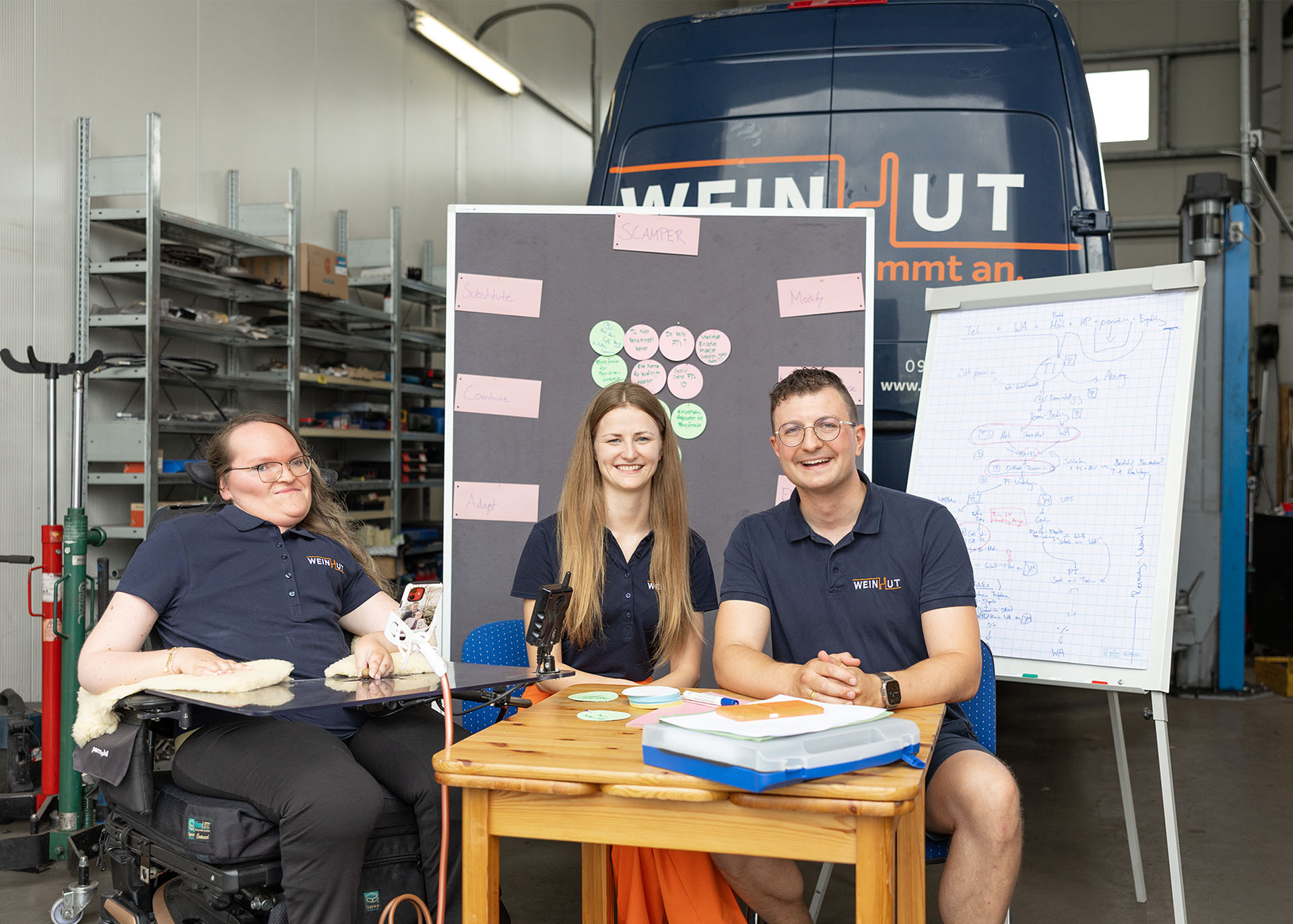 Patricia Lorenz, Julia Möslein und Andreas Weinhut sitzen an einem kleinen Tisch vor Flippcharts und Stellwänden. Im Hintergrund sind Lagerregale und Werkstattzubehör zu erkennen. 
