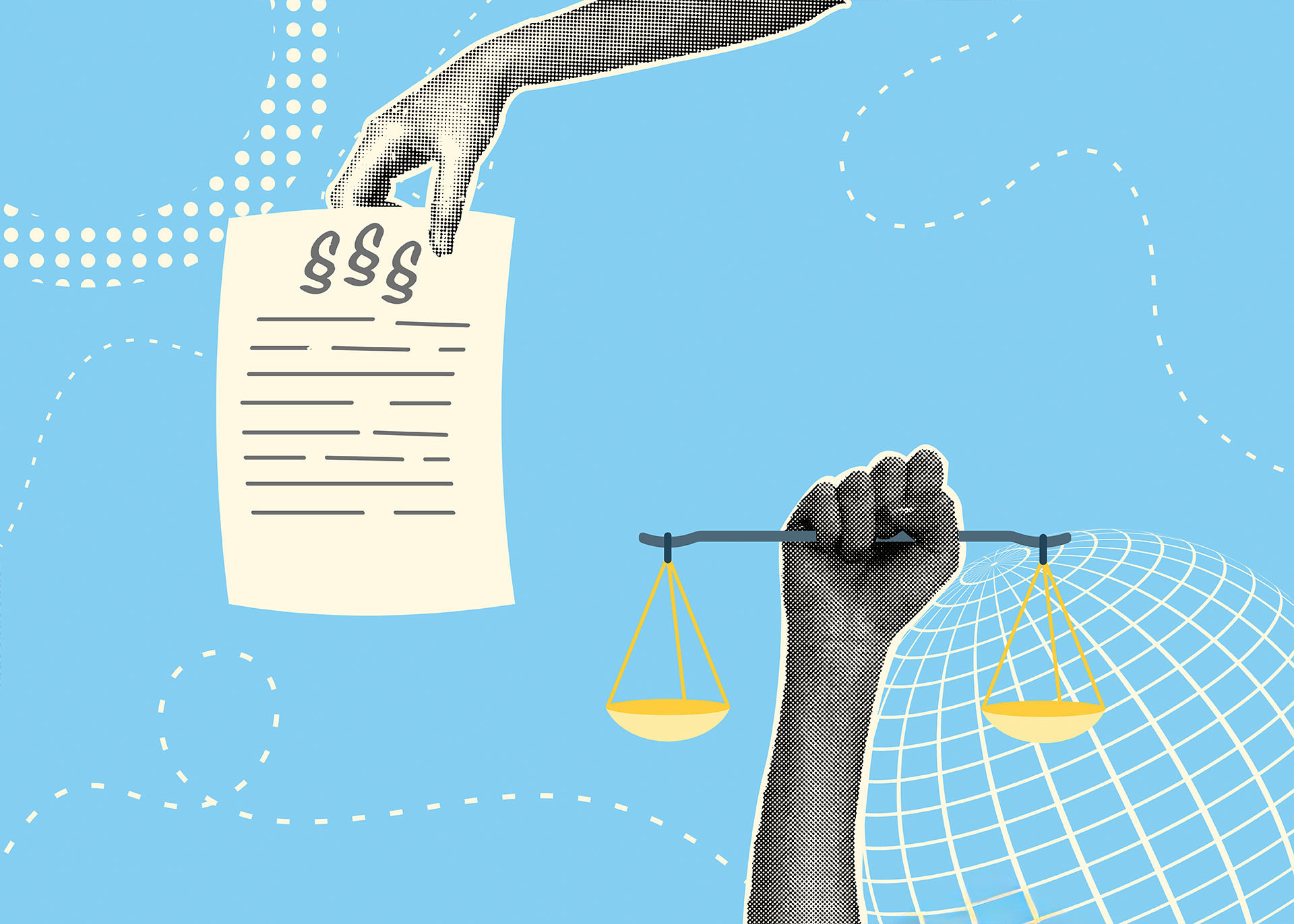 Illu zum Thema Recht: Hände halten eine Wage und einen Vertrag