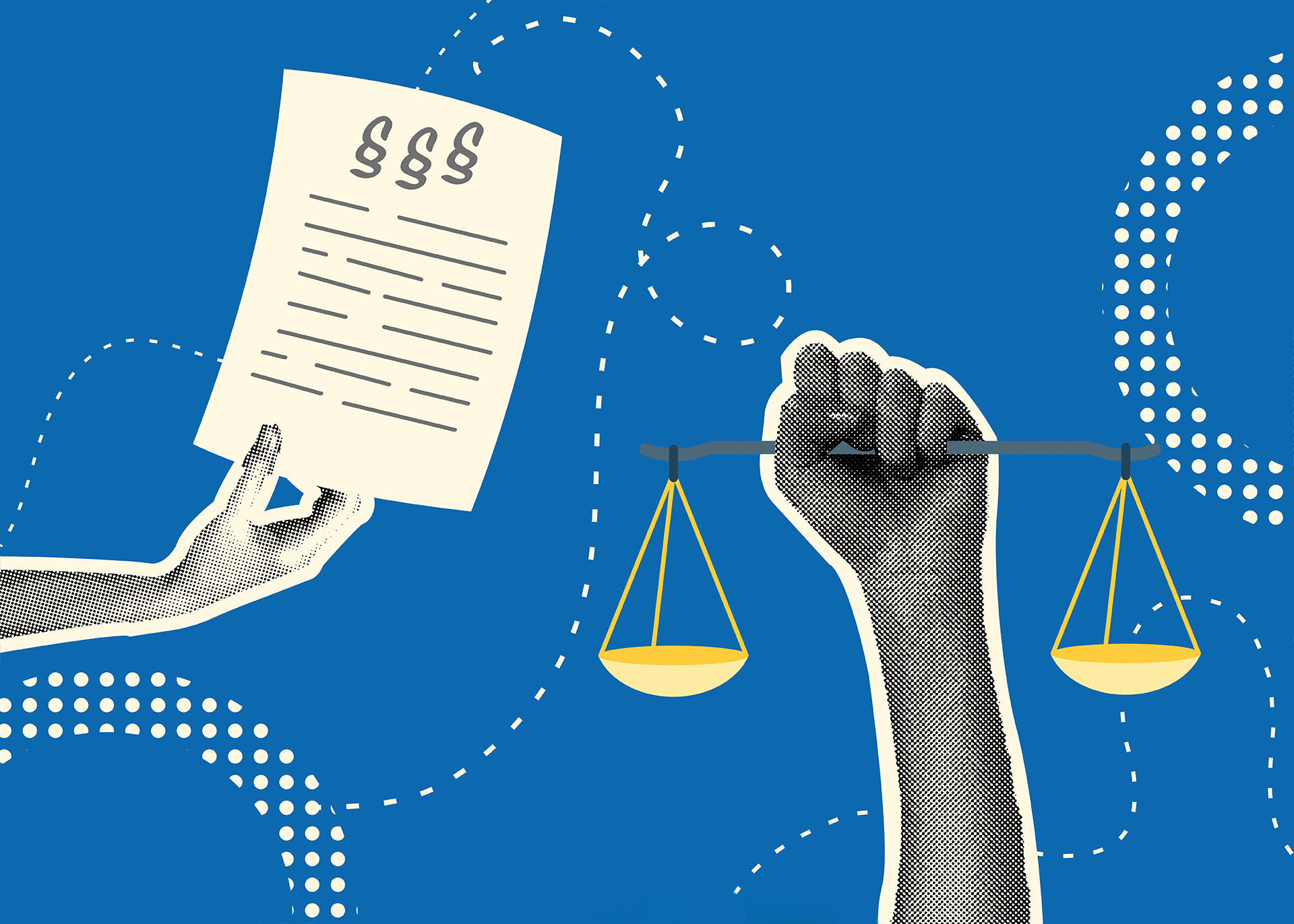 Illu zum Thema Recht: Hände halten eine Wage und einen Vertrag