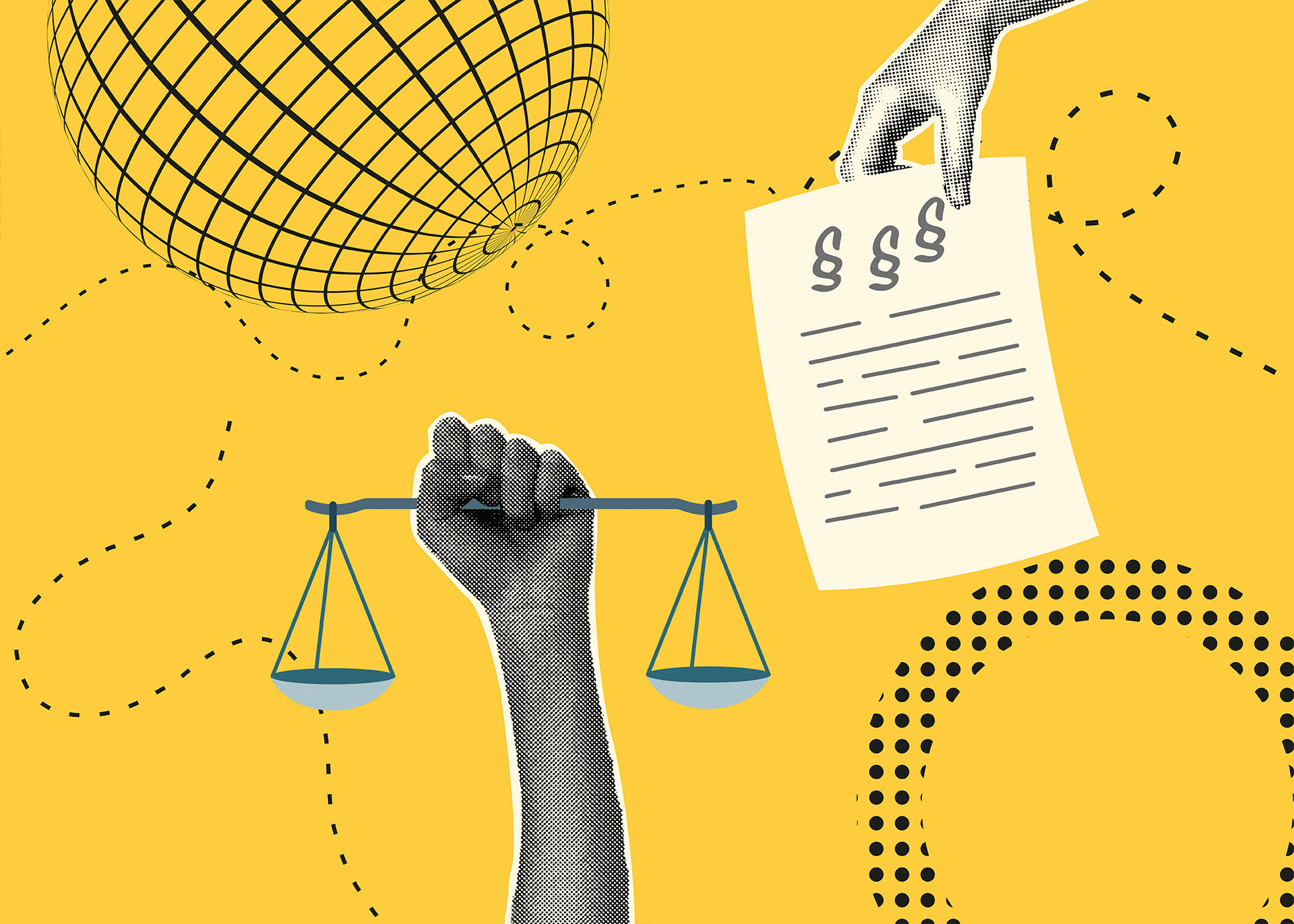 Illu zum Thema Recht: Hände halten eine Wage und einen Vertrag